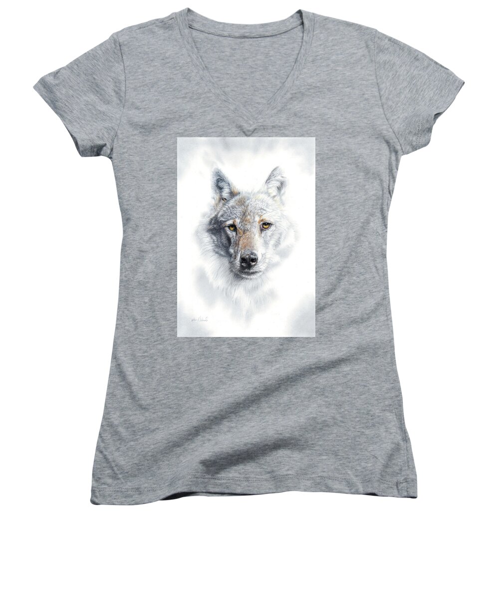 Wolf Women's V-Neck featuring the drawing Fade To Grey by Peter Williams