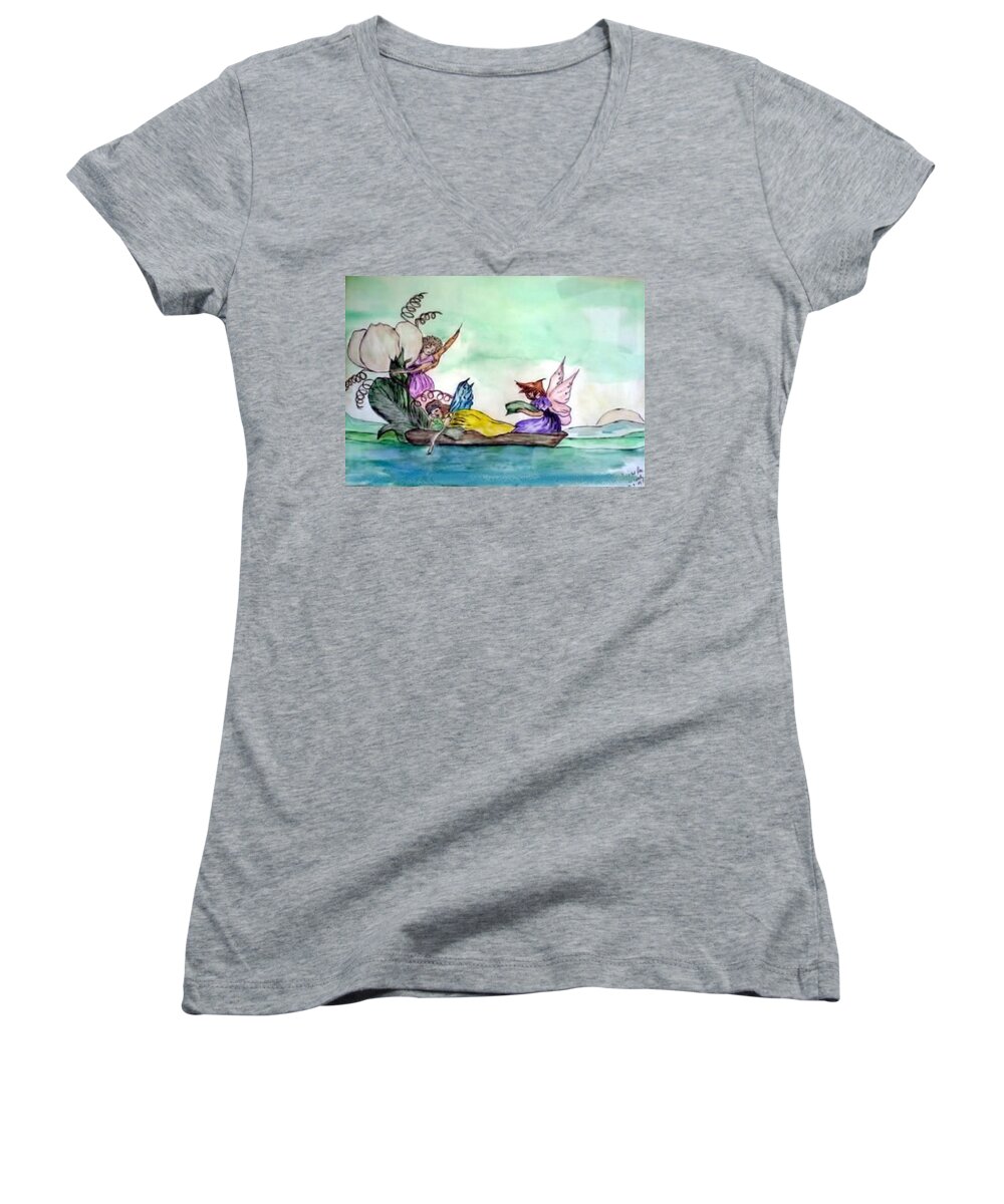 Fairies Women's V-Neck featuring the painting Fairies at Sea by AHONU Aingeal Rose