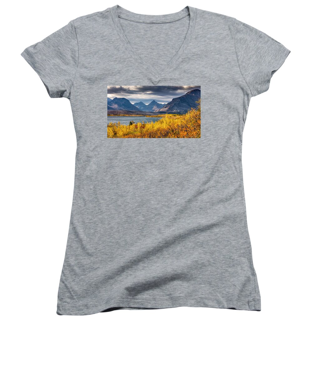 Glacier Women's V-Neck featuring the photograph Fall colors in Glacier National Park by Pierre Leclerc Photography