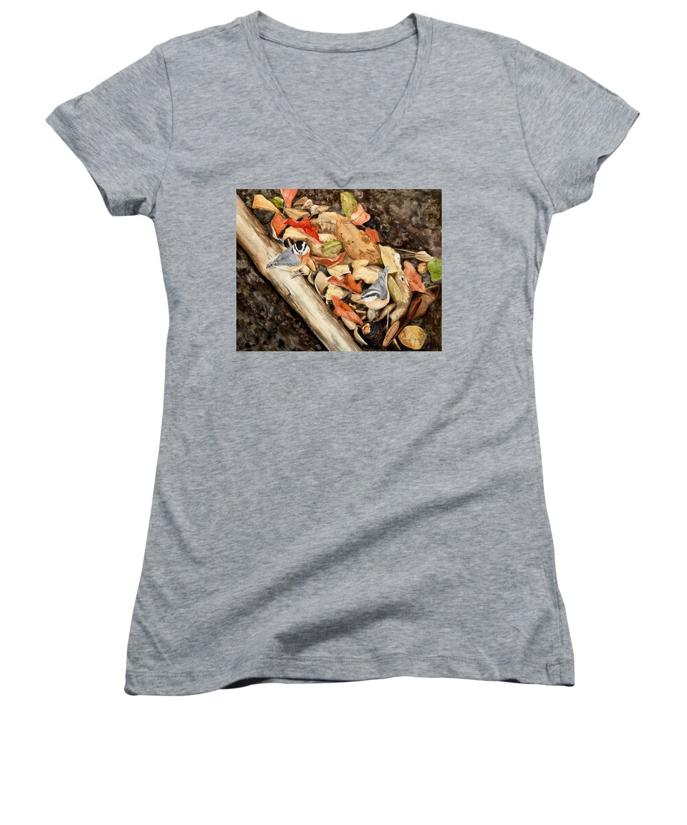 Nuthatches Women's V-Neck featuring the painting Fall nuthatch pair by Jessie Vaughn