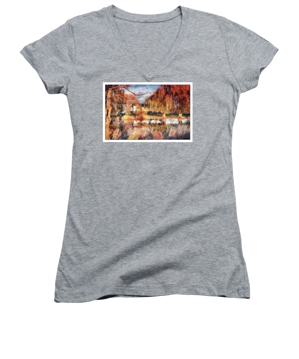 Yard Women's V-Neck featuring the photograph Fall reflections by Tatiana Travelways