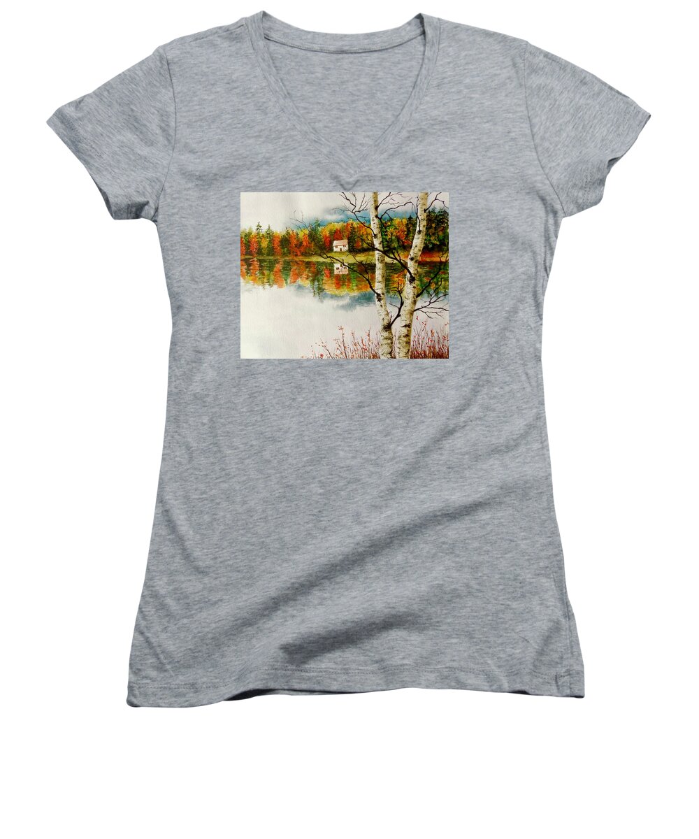Landscape Women's V-Neck featuring the painting Fall Splendour by Sher Nasser