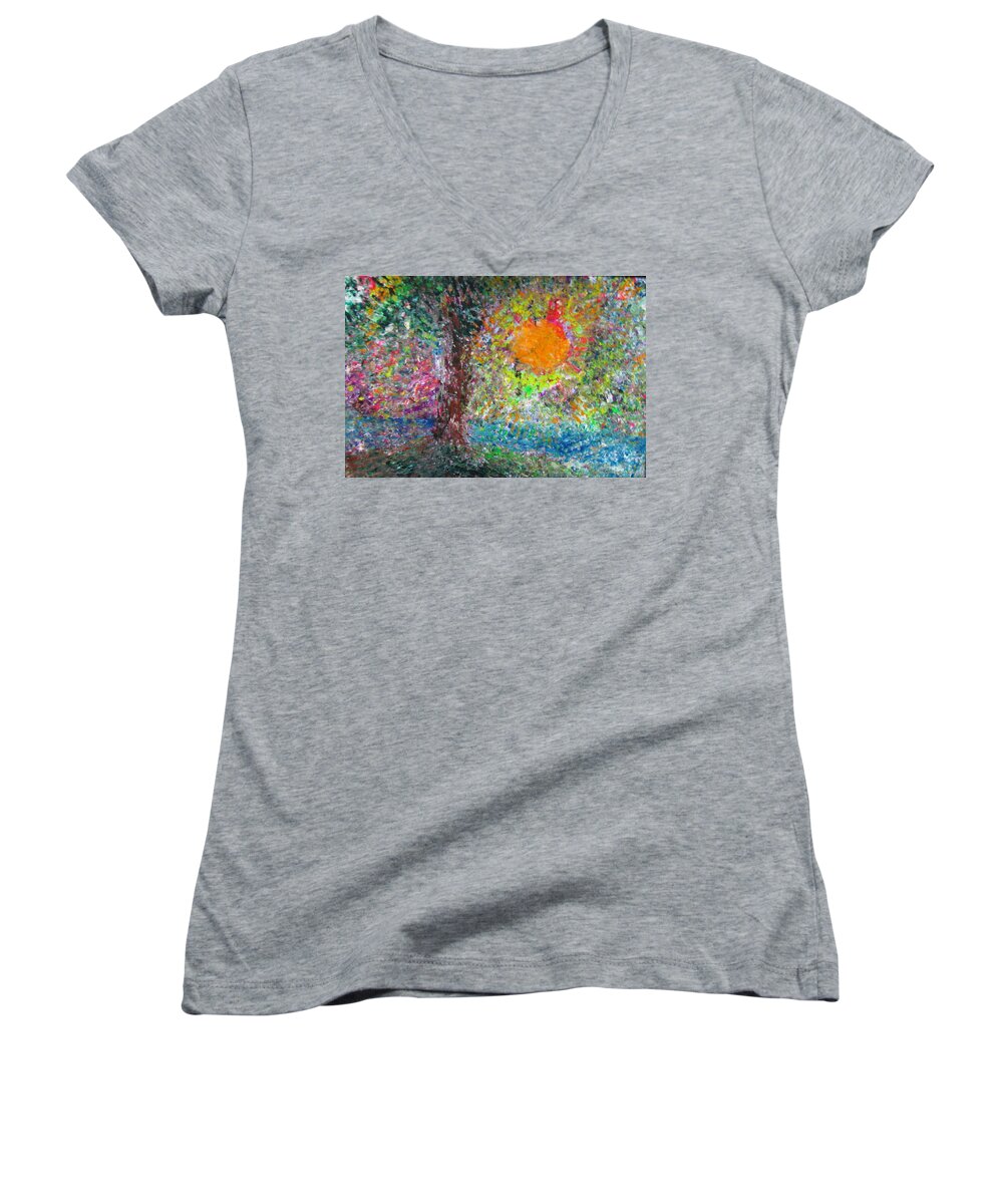 Playful Women's V-Neck featuring the painting Fall Sun by Jacqueline Athmann