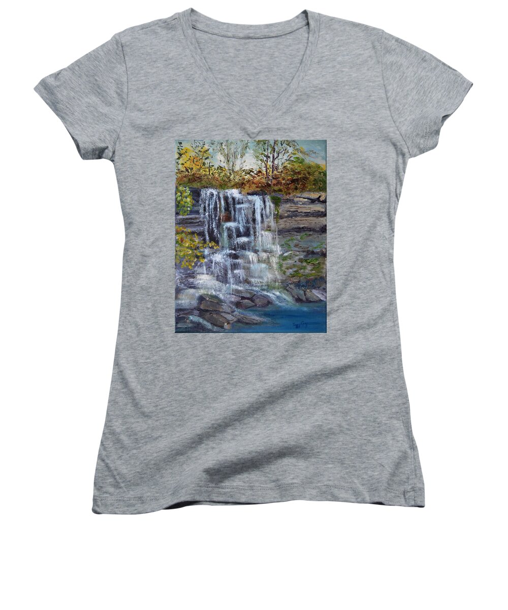 Rock Glen Women's V-Neck featuring the painting Falls at Rock Glen by Peggy King