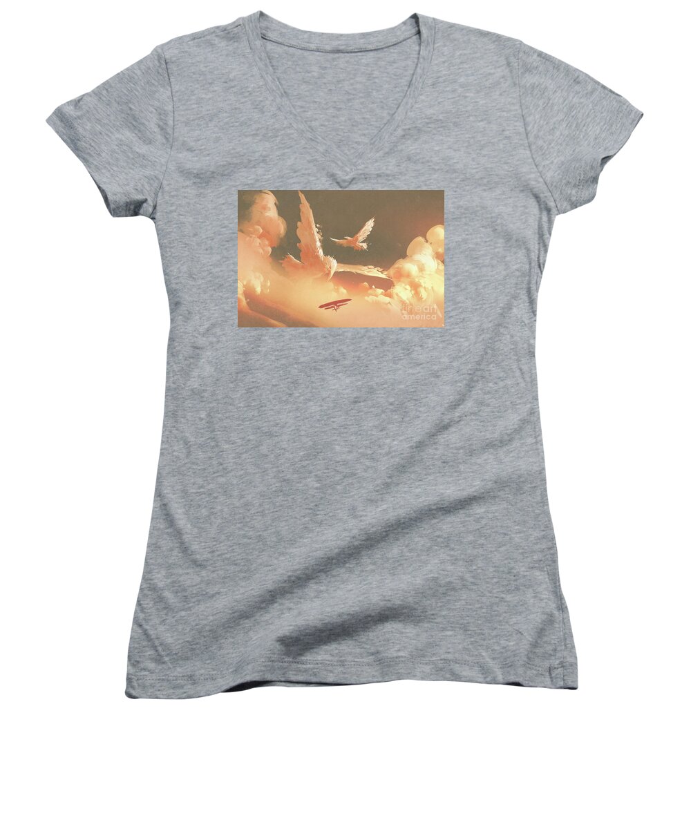 Art Women's V-Neck featuring the painting Fantasy Sky by Tithi Luadthong