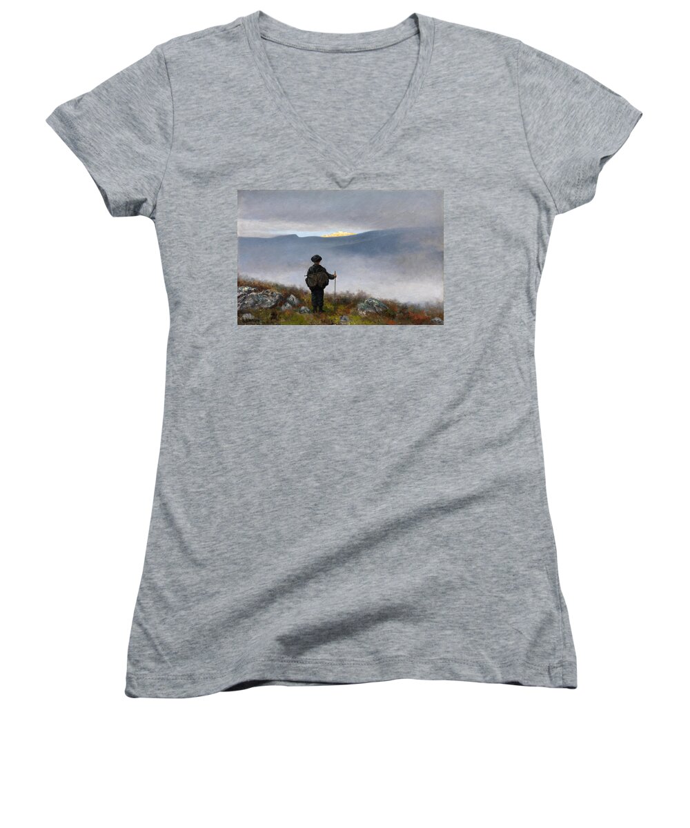 Theodor Kittelsen Women's V-Neck featuring the painting Far far away Soria Moria Palace shimmered like Gold by Theodor Kittelsen