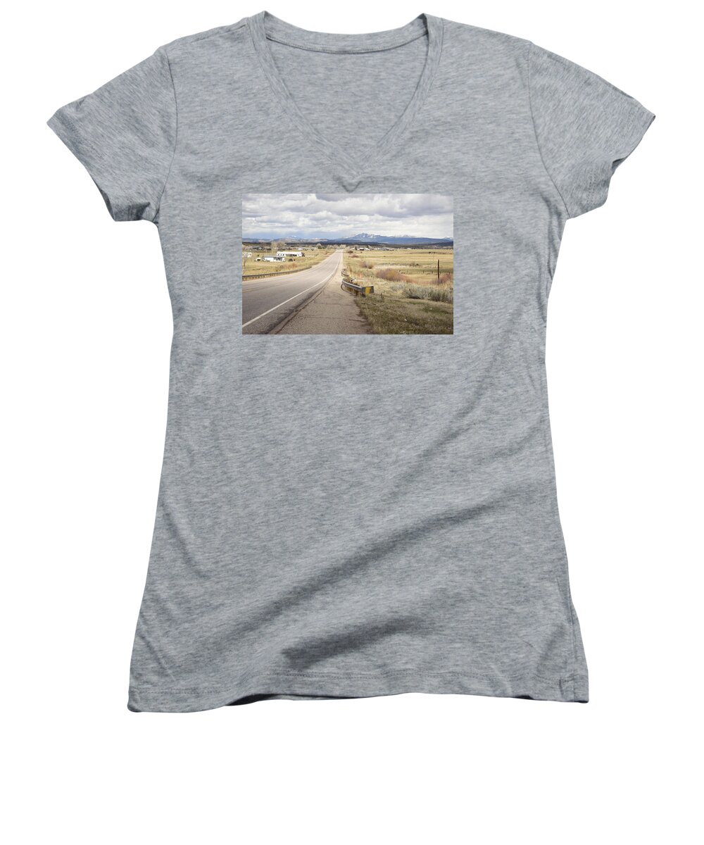 Highway; Distance; Horizon; Future; Village; Lonesome; Far Mountains; Perspective; Vista; Range; Scope; New Mexico Women's V-Neck featuring the photograph Far Horizon by Tom Cochran