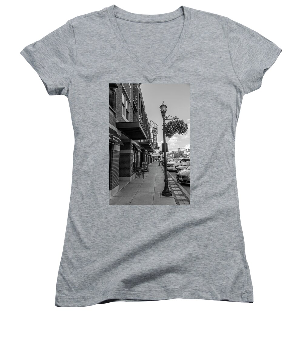 Fargo Women's V-Neck featuring the photograph Fargo Sign and Sidewalk Black and White by John McGraw
