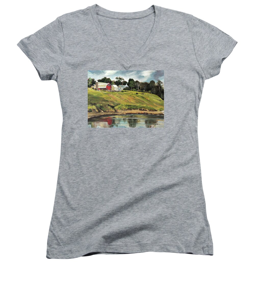 Farm Women's V-Neck featuring the painting Farm at Four Corners by Nancy Griswold