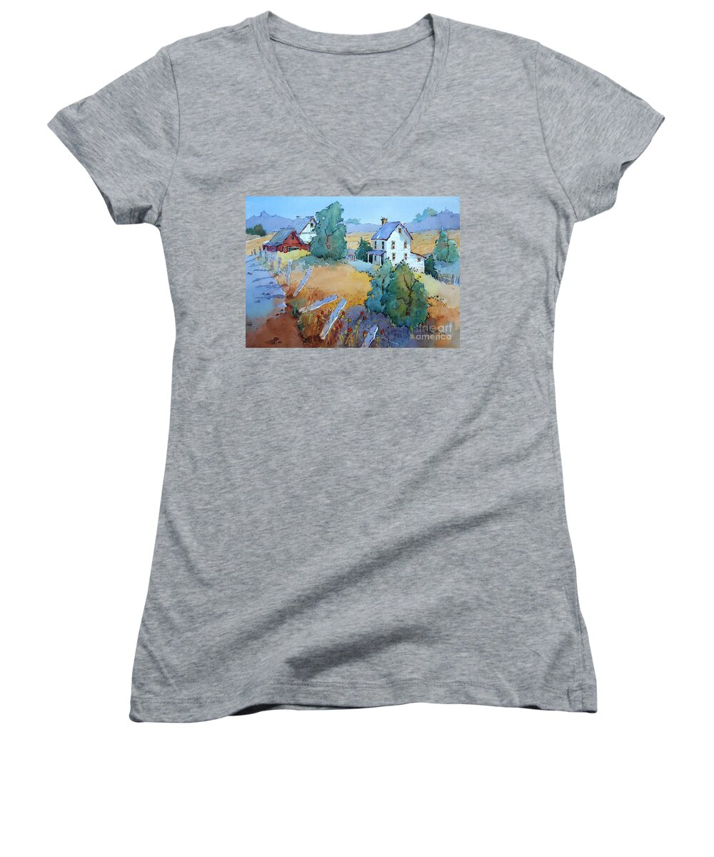 Farm Women's V-Neck featuring the painting Farm with Blue Roof Tops by Joyce Hicks