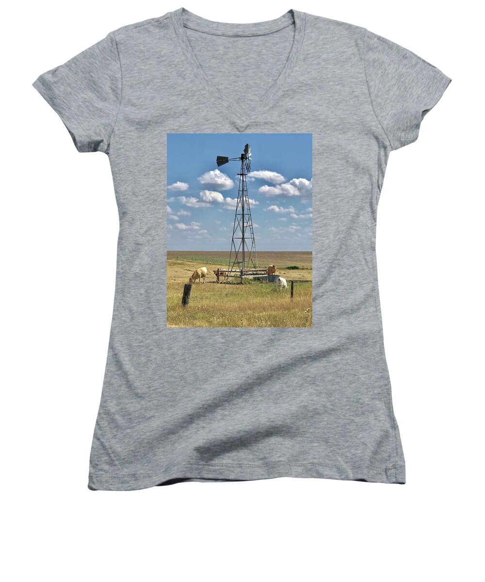 Driving On A Country Road In Kansas I Saw This Scene. Had To Stop To Take A Pic. Cows Women's V-Neck featuring the photograph Farmlife memories by Shirley Heier