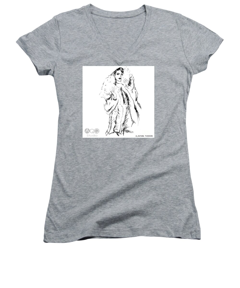 Fashion Illustration Women's V-Neck featuring the painting Fashion Lady in Fur Coat by Leslie Ouyang