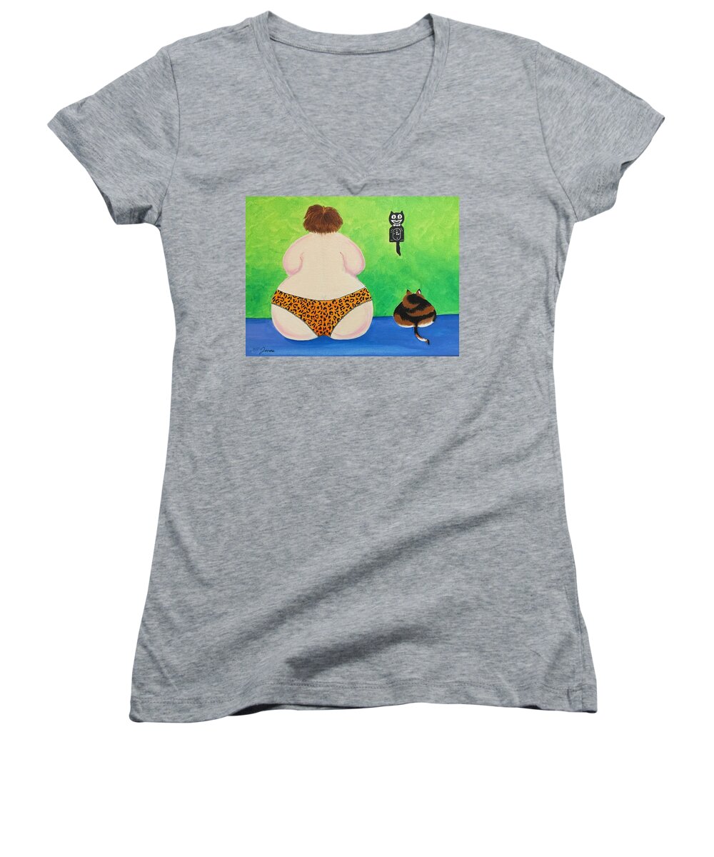 Fat Lady Women's V-Neck featuring the painting Fat Cats by Sonja Jones