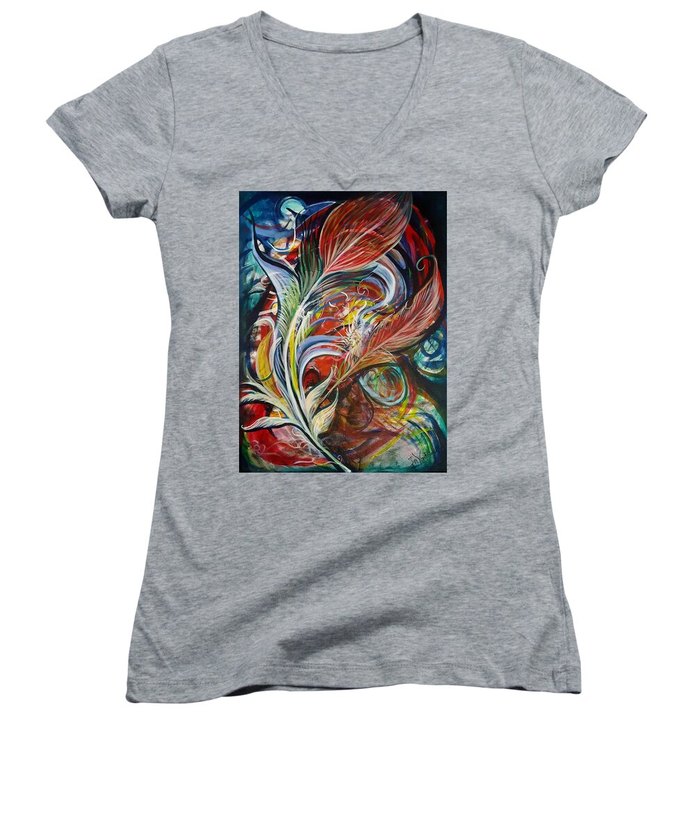 Feather Women's V-Neck featuring the painting Feather Fury by Jan VonBokel