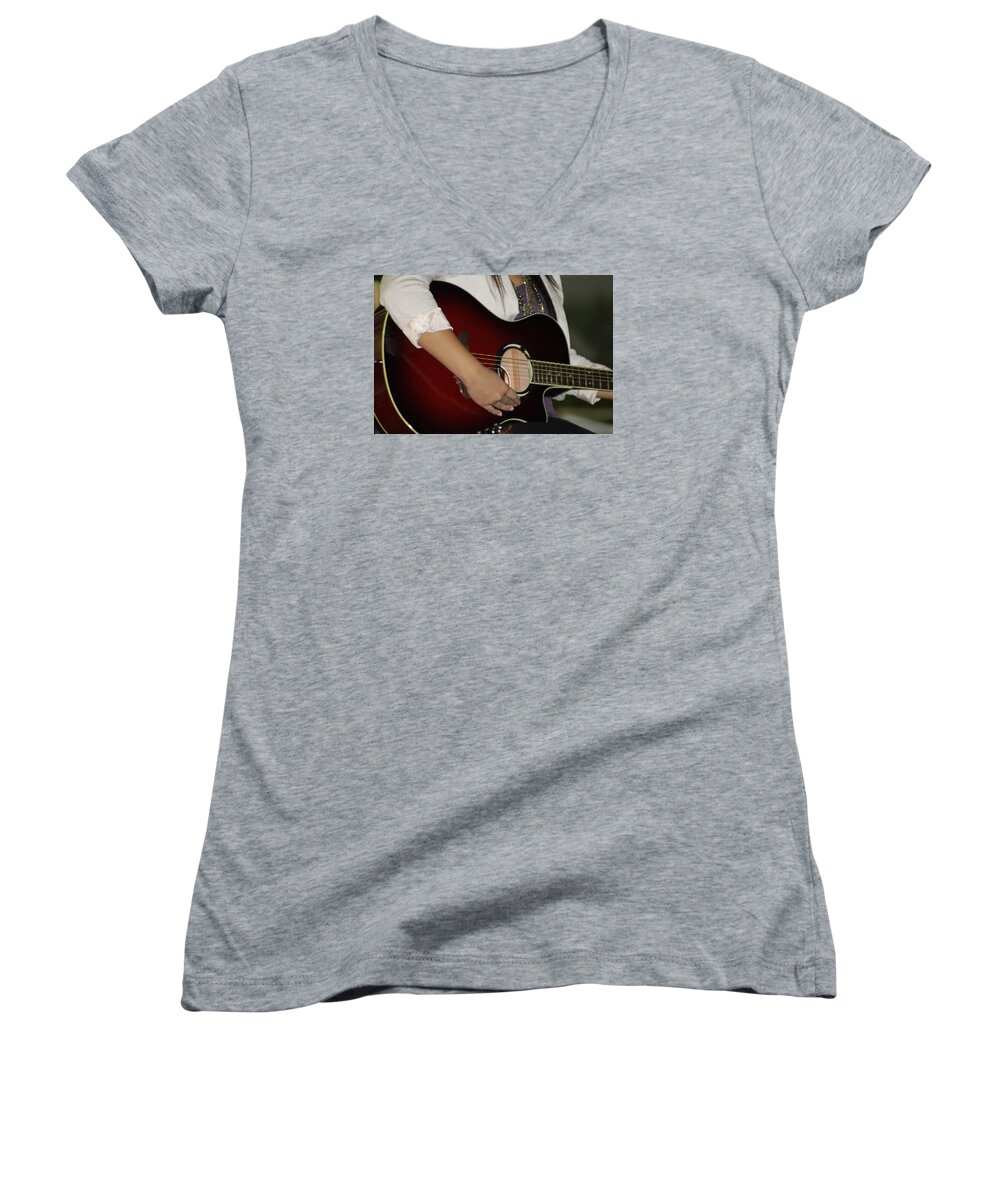 Female Women's V-Neck featuring the photograph Female Guitarist by Elton Hazel