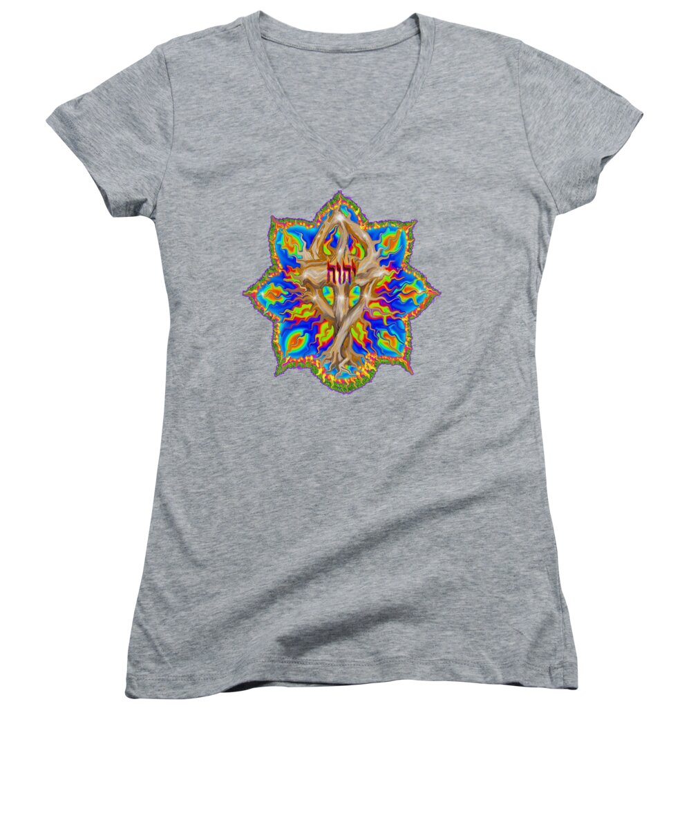 Yhwh Women's V-Neck featuring the painting Fire tree with YHWH by Hidden Mountain