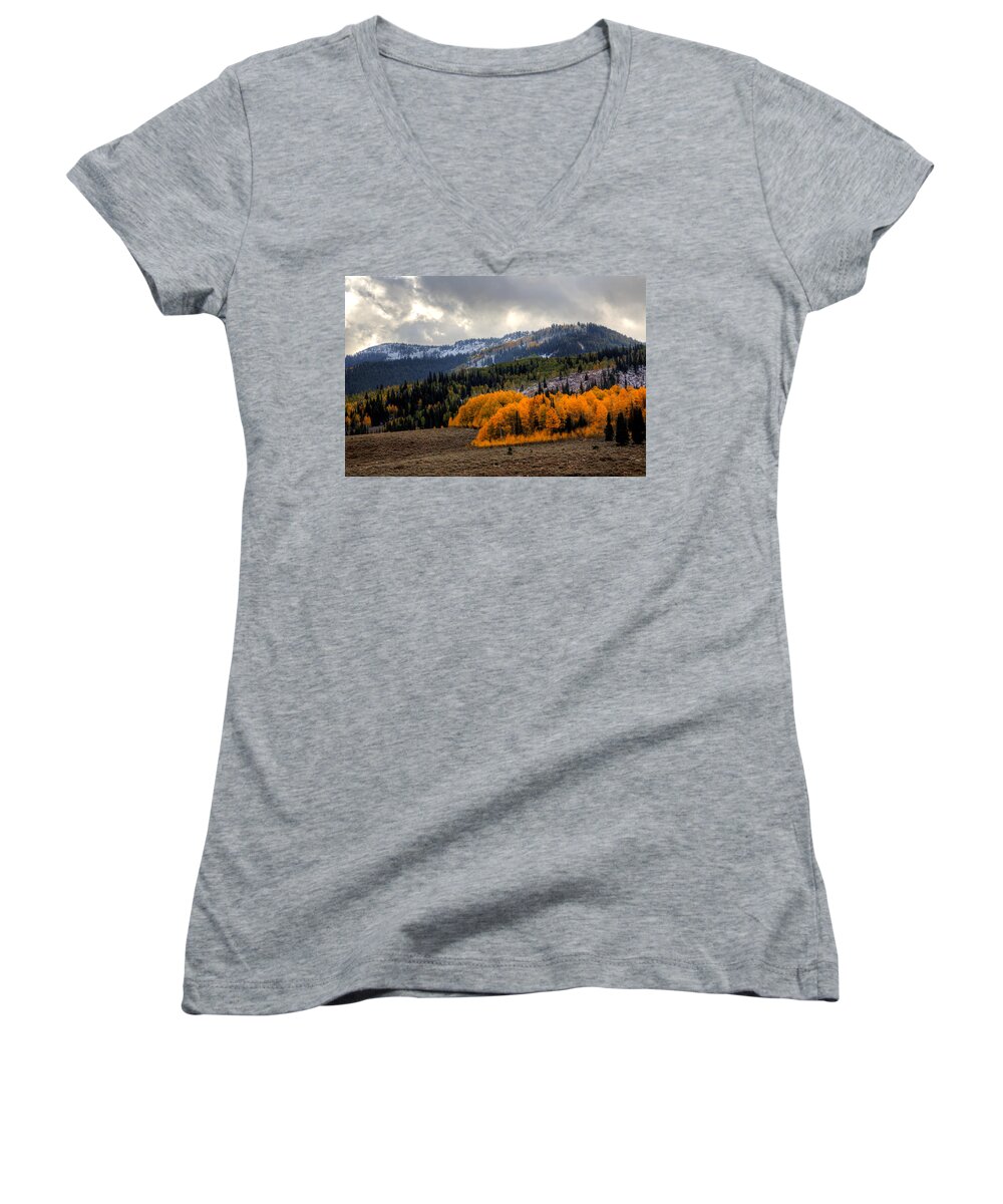 Aspens; Autumn; Changing Seasons; Colors; Fall; Firefall; Landscape; Leaves; Logan Canyon; Mountains; Northern Utah; Snow; Wasatch Mountains; Yellow; Women's V-Neck featuring the photograph Firefall by David Andersen