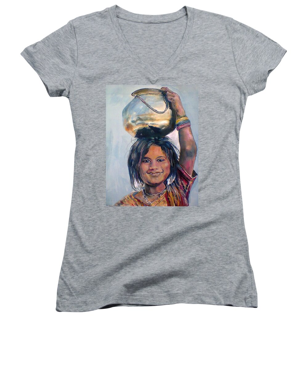 Portrait Women's V-Neck featuring the painting First I will finish my work by Khalid Saeed