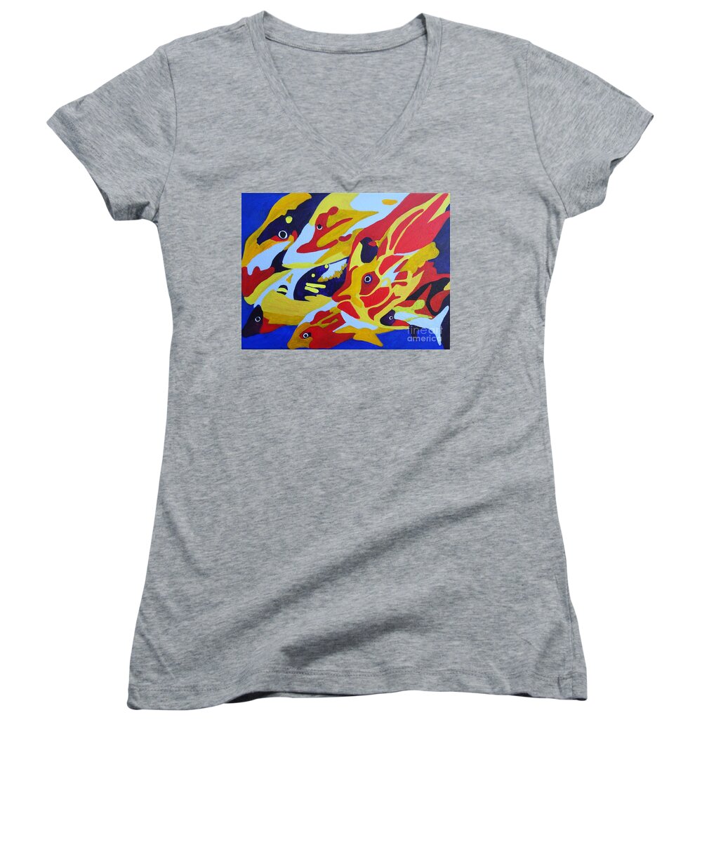 Fish Shoal Women's V-Neck featuring the painting Fish Shoal Abstract 2 by Karen Jane Jones