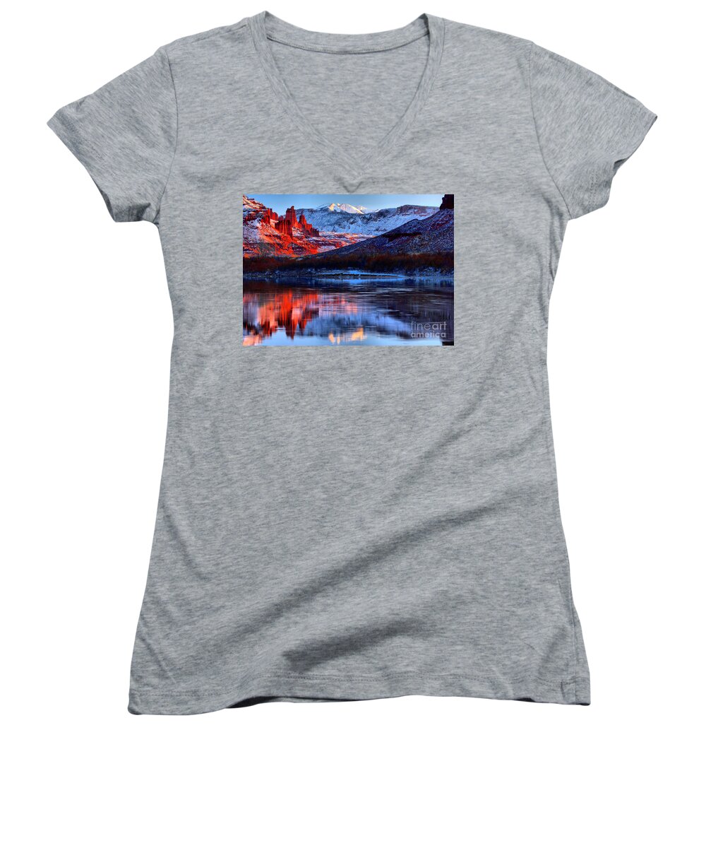 Fisher Towers Women's V-Neck featuring the photograph Fisher Towers Sunset Winter Landscape by Adam Jewell