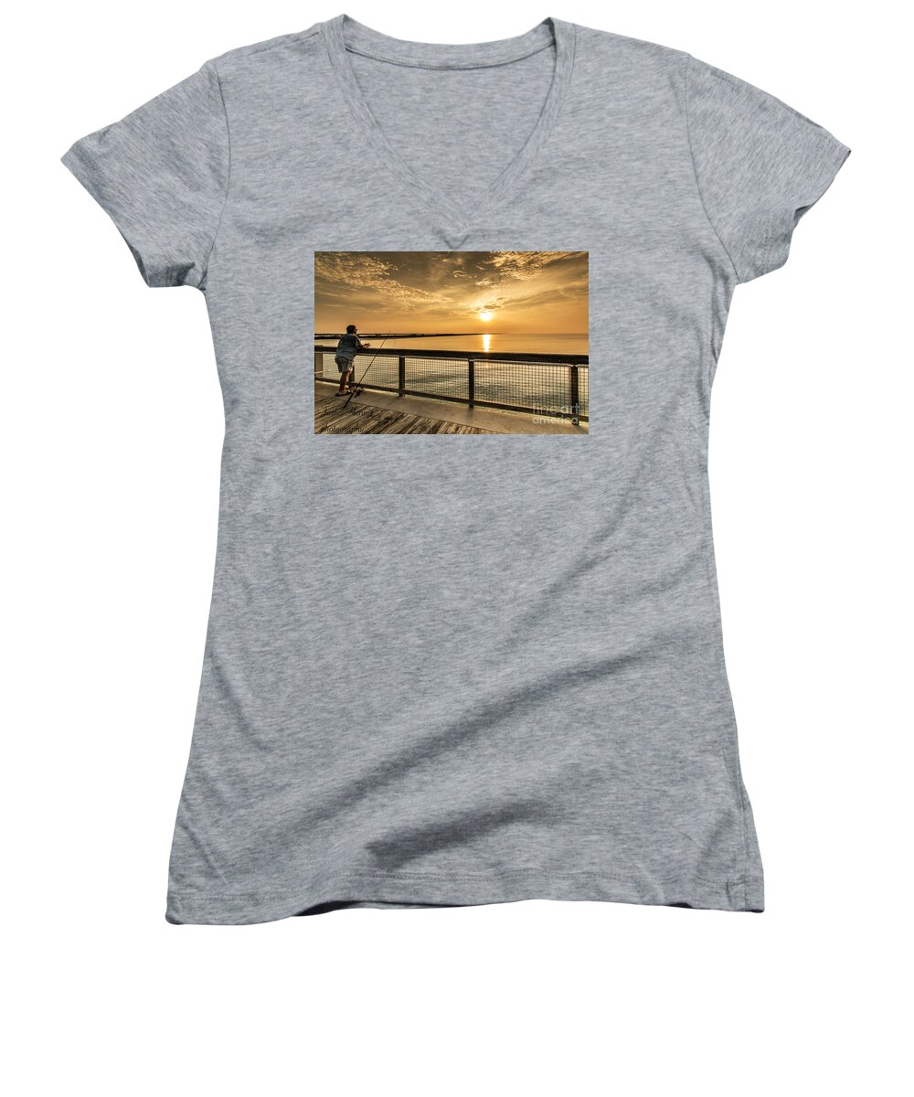 Ohio Women's V-Neck featuring the photograph Fishing at Sunrise by Metaphor Photo