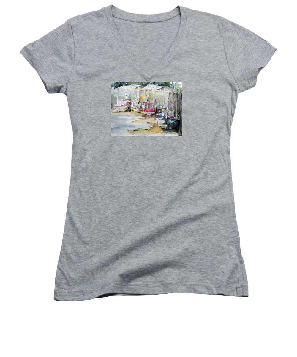 Summer Women's V-Neck featuring the painting Fishing Boats Settled Aground During Ebb Tide by Barbara Pommerenke