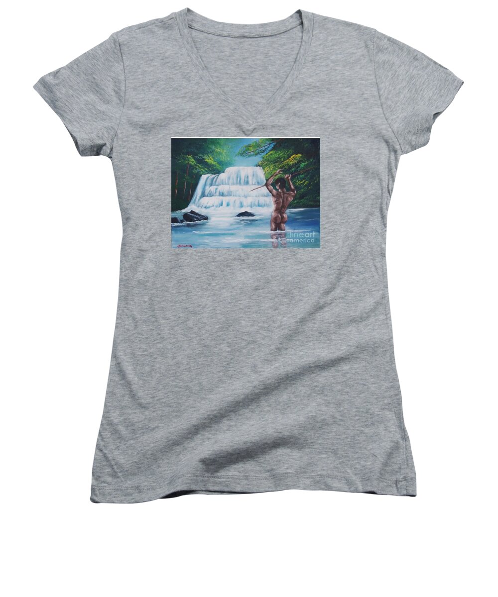 River Women's V-Neck featuring the painting Fishing in the River by Jean Pierre Bergoeing