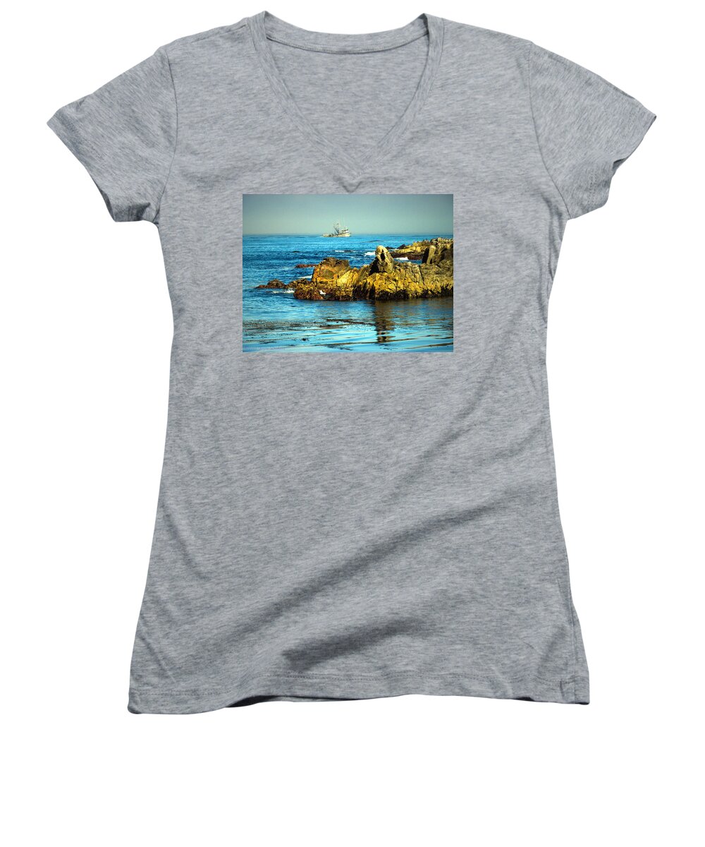 Monterey-bay Women's V-Neck featuring the photograph Fishing Monterey Bay CA by Joyce Dickens
