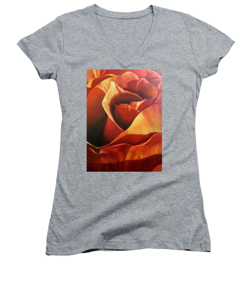 Rose Painting Women's V-Neck featuring the painting Flaming Rose by Jessica Anne Thomas