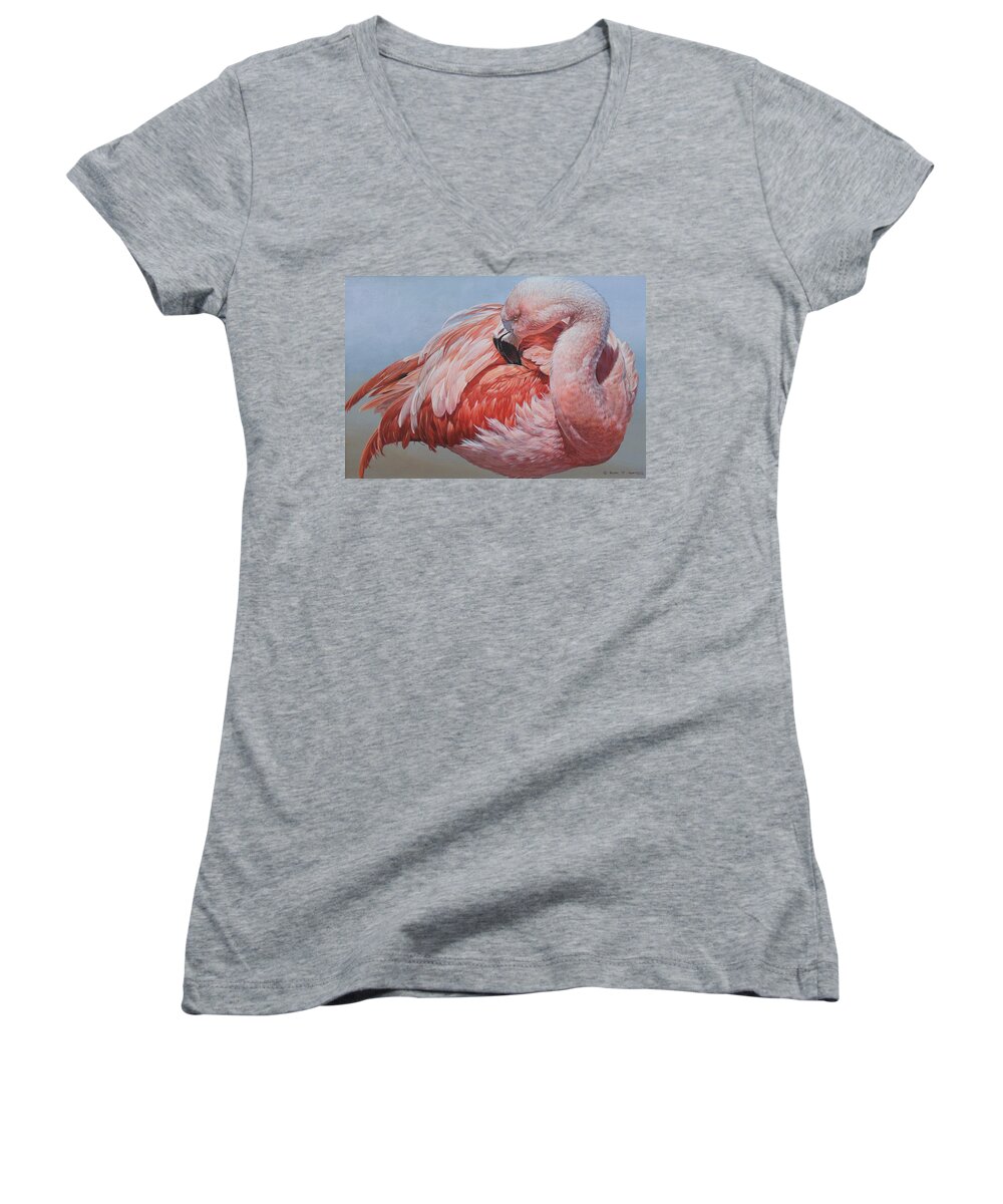 Wildlife Paintings Women's V-Neck featuring the painting Flamingo Preening by Alan M Hunt
