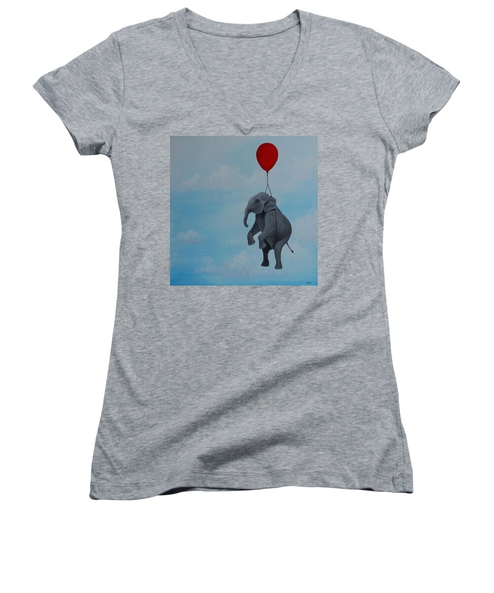 Elephant Women's V-Neck featuring the painting Floating by Emily Page