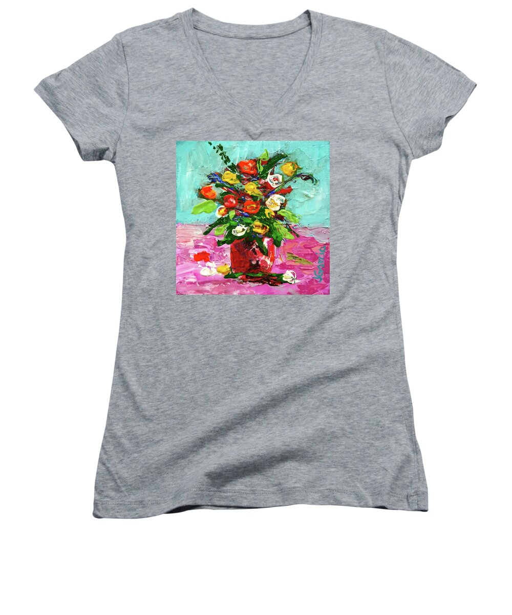 Floral Women's V-Neck featuring the painting Floral Arrangement by Janet Garcia