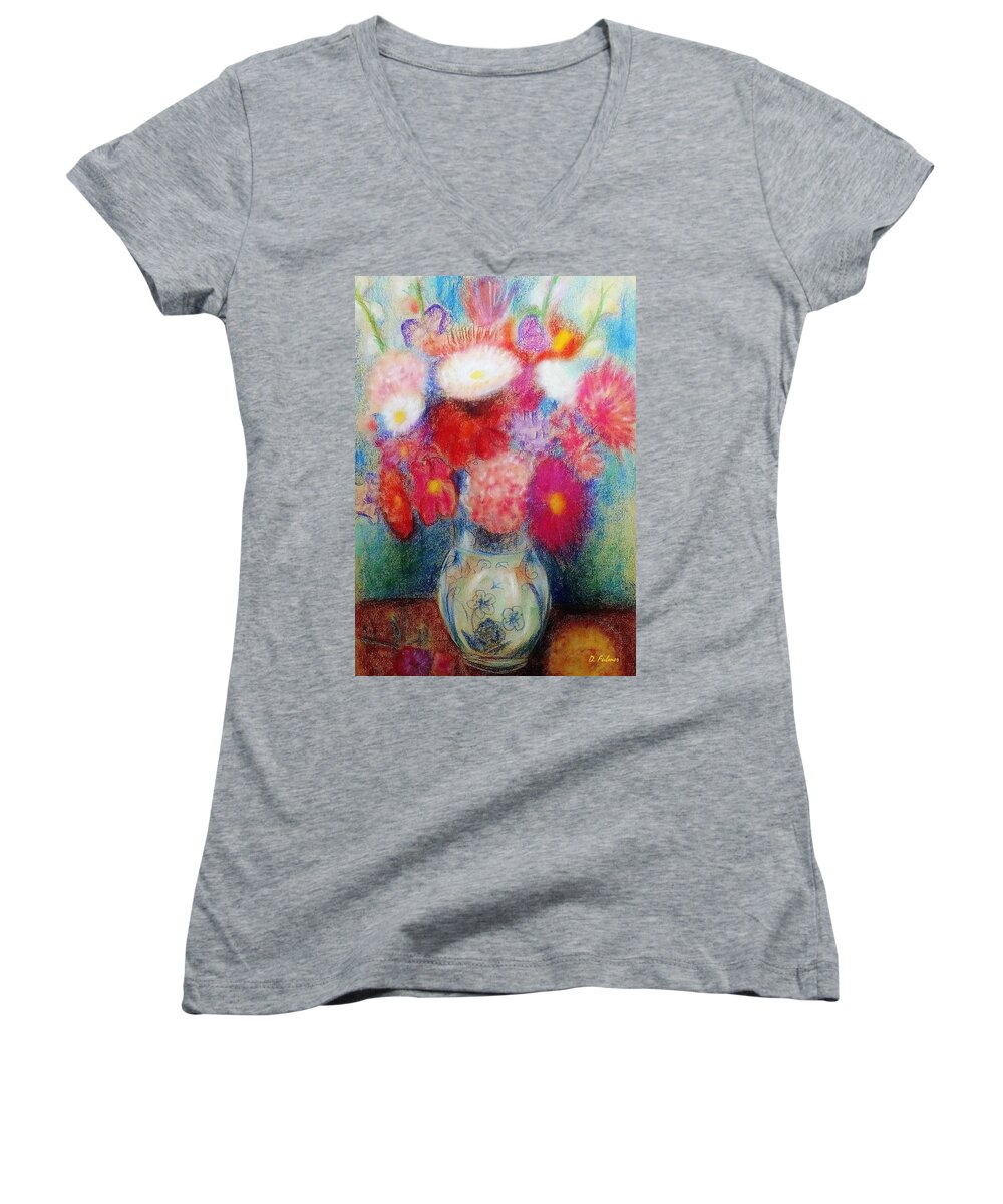 Flowers Women's V-Neck featuring the drawing Flower Arrangement by Denise F Fulmer