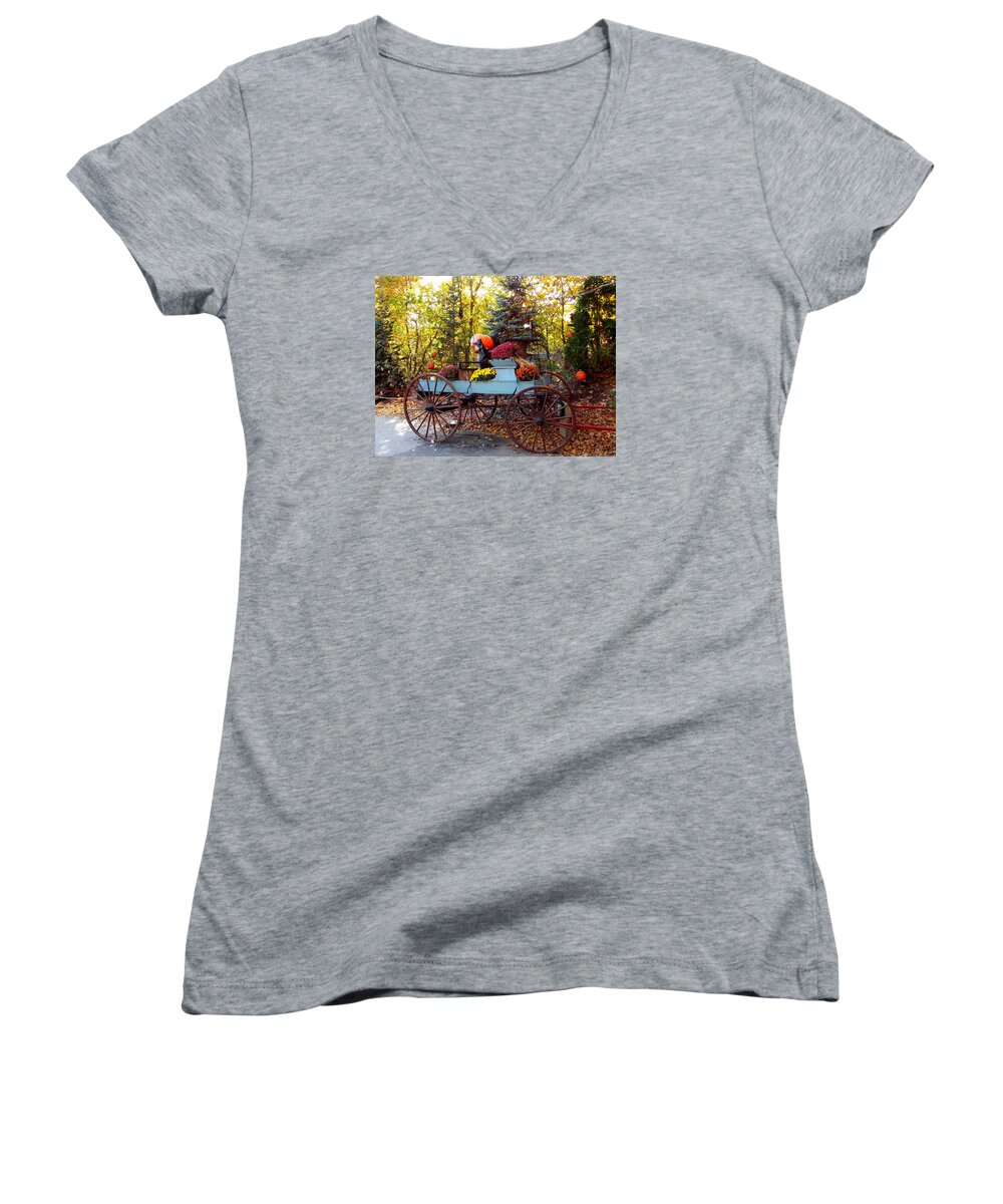 Roger Williams Park Women's V-Neck featuring the photograph Flower Filled Wagon by Catherine Gagne