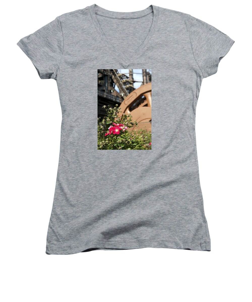 Bethlehem Steel Women's V-Neck featuring the photograph Flowers and Steel by Michael Dorn