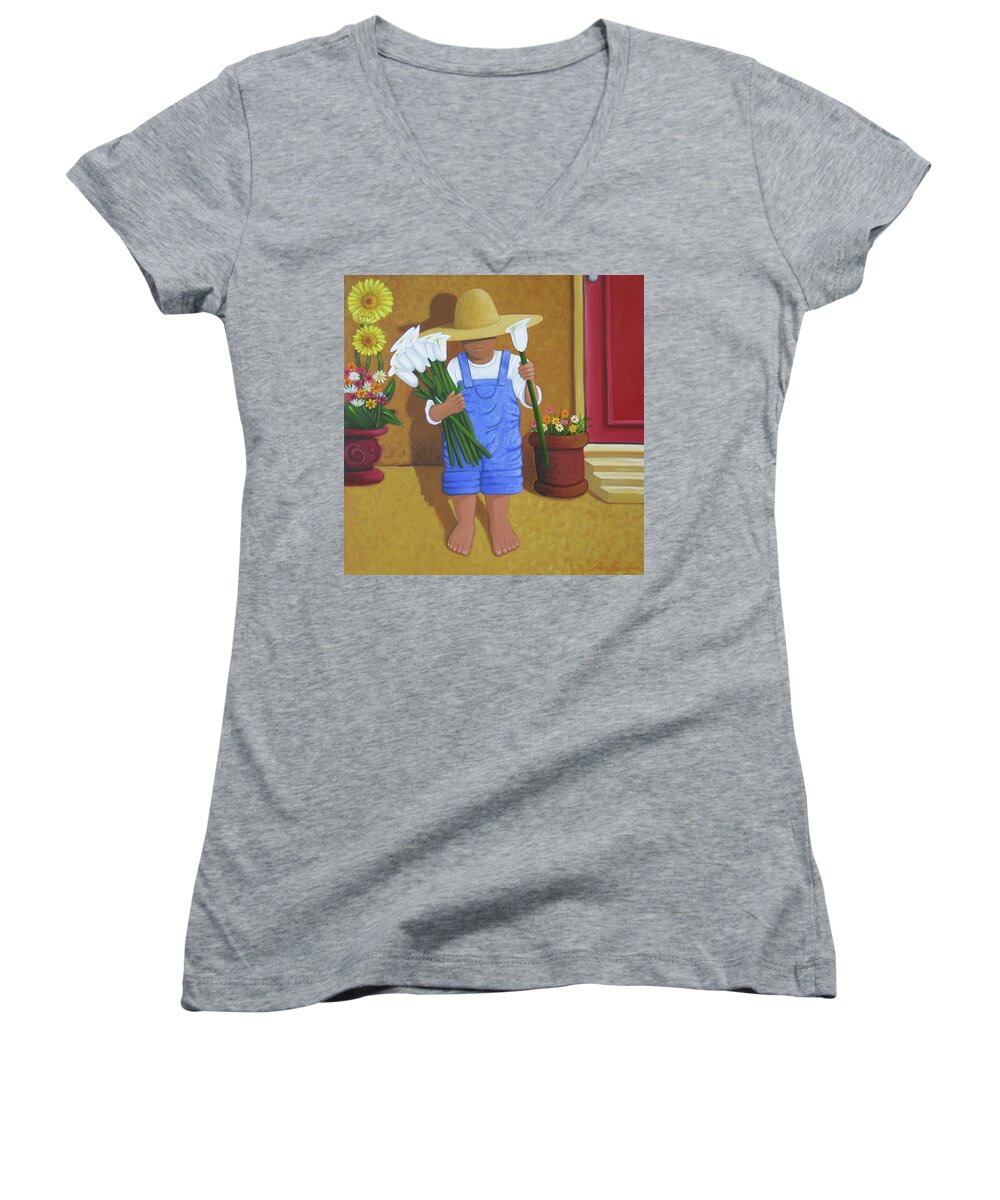 Spanish Women's V-Neck featuring the painting Flowers For A Friend by Lance Headlee