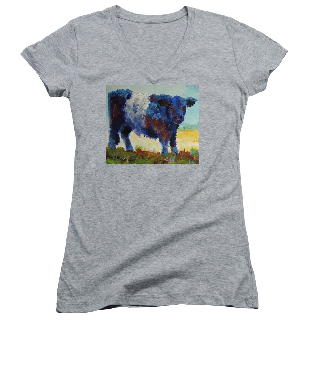 Belted Galloway Cow Women's V-Neck featuring the painting Fluffy Shaggy Belted Galloway Cow - Cow with a white stripe by Mike Jory