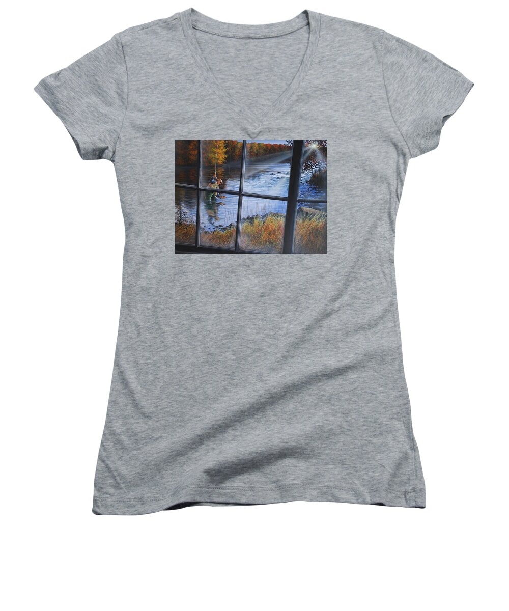 Fly Fishing Women's V-Neck featuring the painting Fly Fisher by Anthony J Padgett