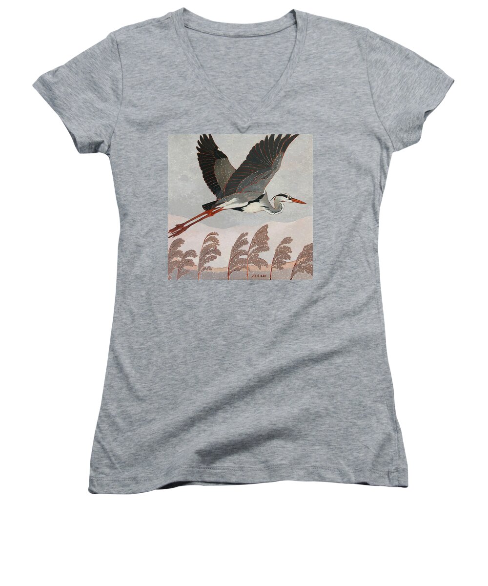 Grey Heron Women's V-Neck featuring the painting Flying Heron by Attila Meszlenyi