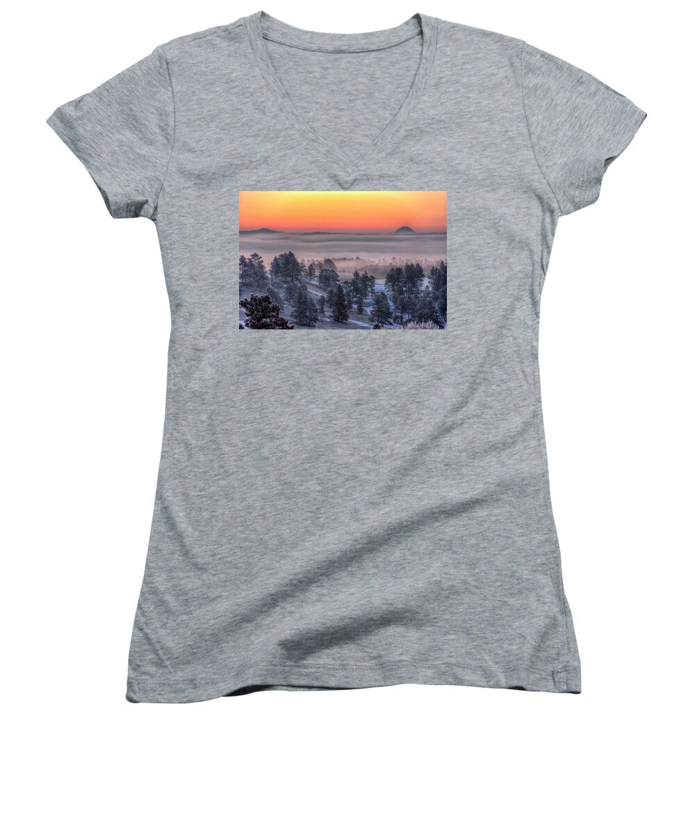 Fog Women's V-Neck featuring the photograph Foggy Dawn by Fiskr Larsen
