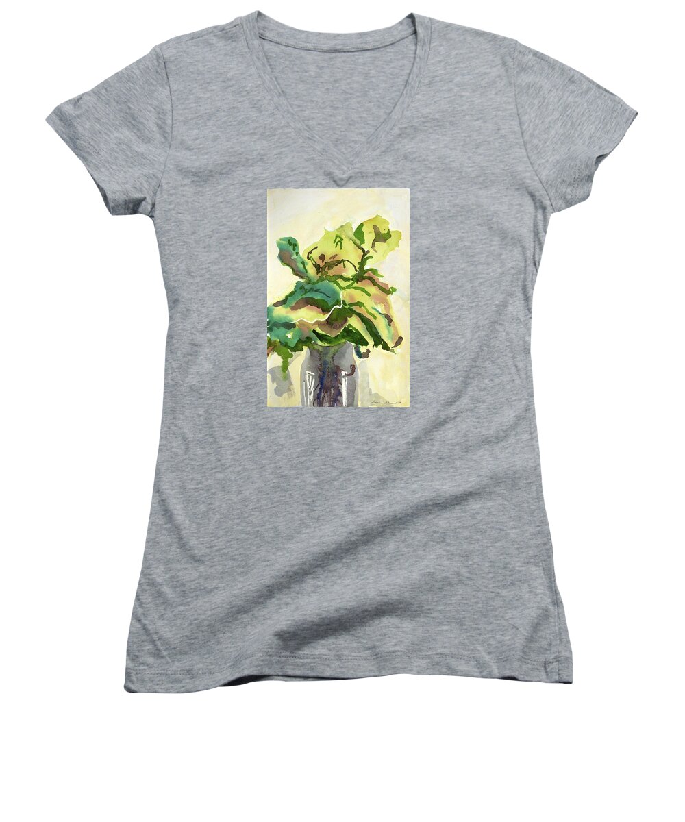  Women's V-Neck featuring the painting Foliage in Vase by Kathleen Barnes