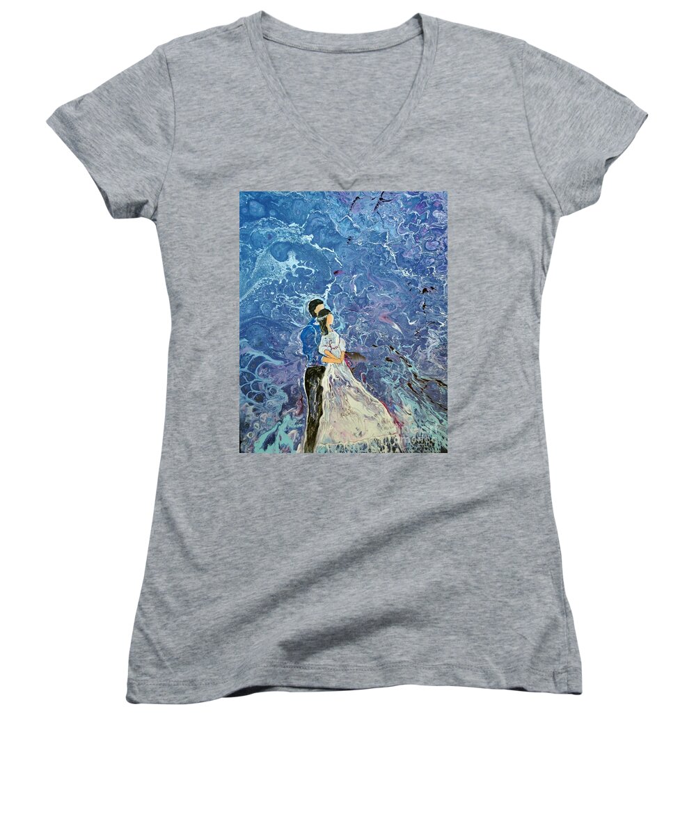 Wedding Couple Women's V-Neck featuring the painting For Better or for Worse by Deborah Nell