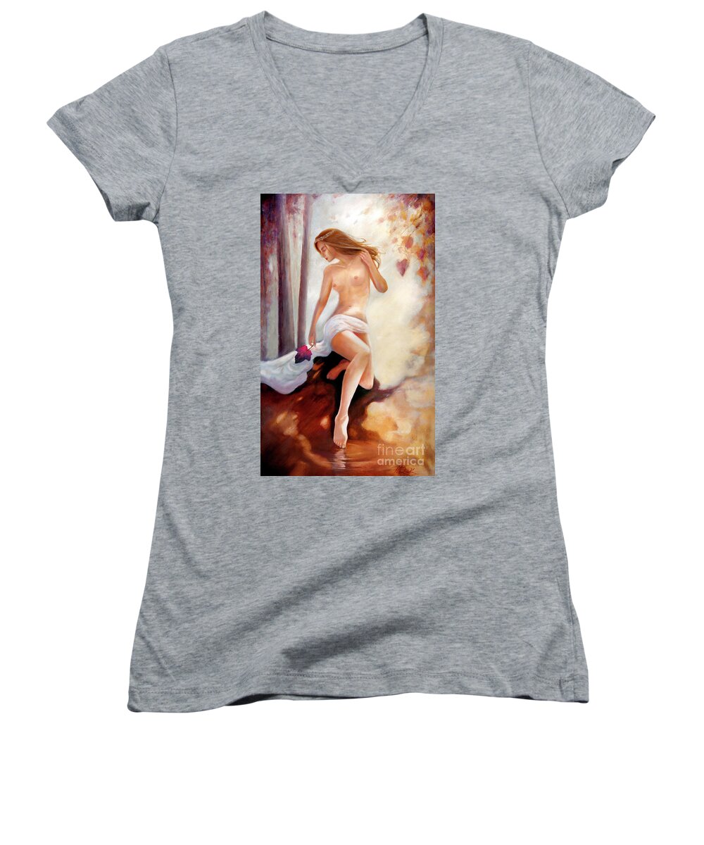 Forest Nymph Women's V-Neck featuring the painting Forest Nymph by Michael Rock