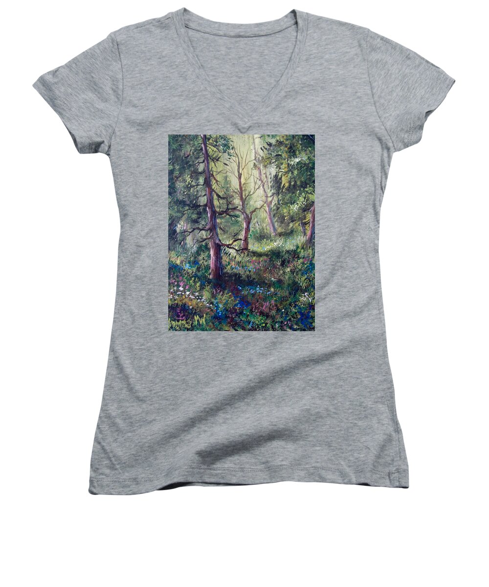 Landscapes Women's V-Neck featuring the painting Forest wildflowers by Megan Walsh