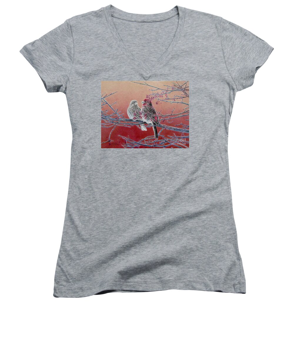 Birds Women's V-Neck featuring the painting Forever Finch by Pamela Clements