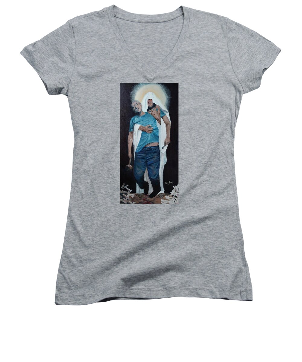 Jesus Women's V-Neck featuring the painting Forgiven by Mike Jenkins
