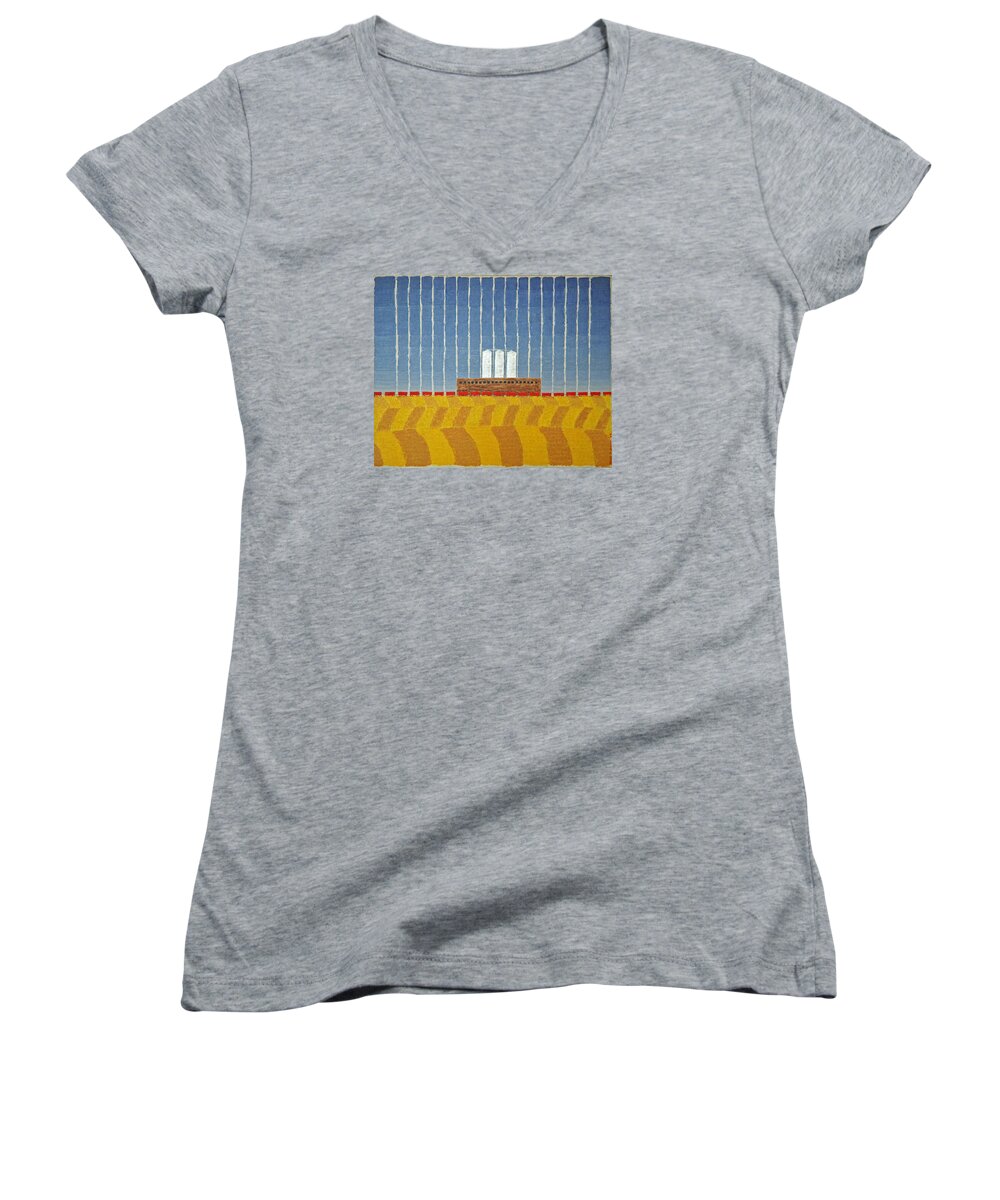 3d Women's V-Neck featuring the painting Four Grain Silos by Jesse Jackson Brown
