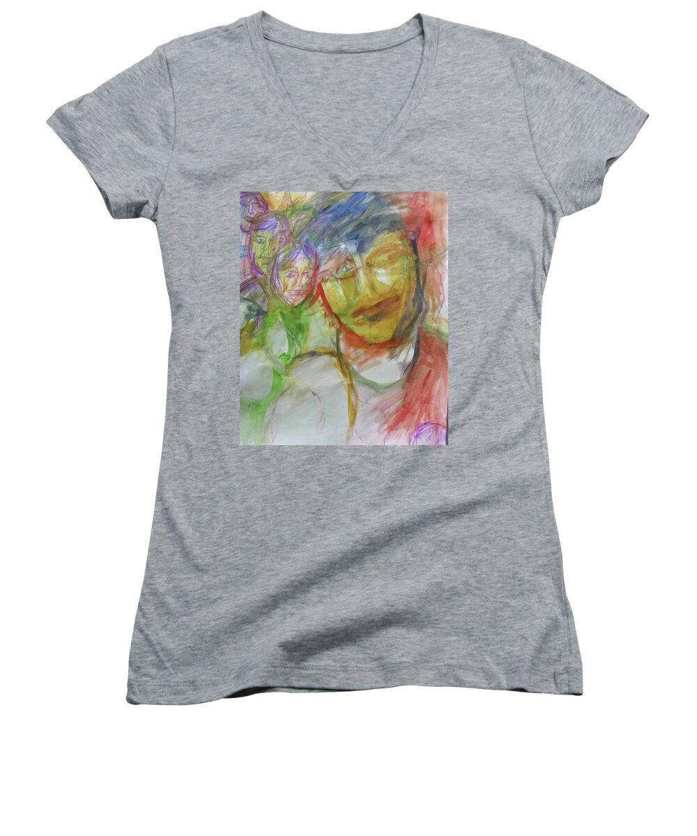 Abstract Women's V-Neck featuring the painting Four's a Crowd by Judith Redman