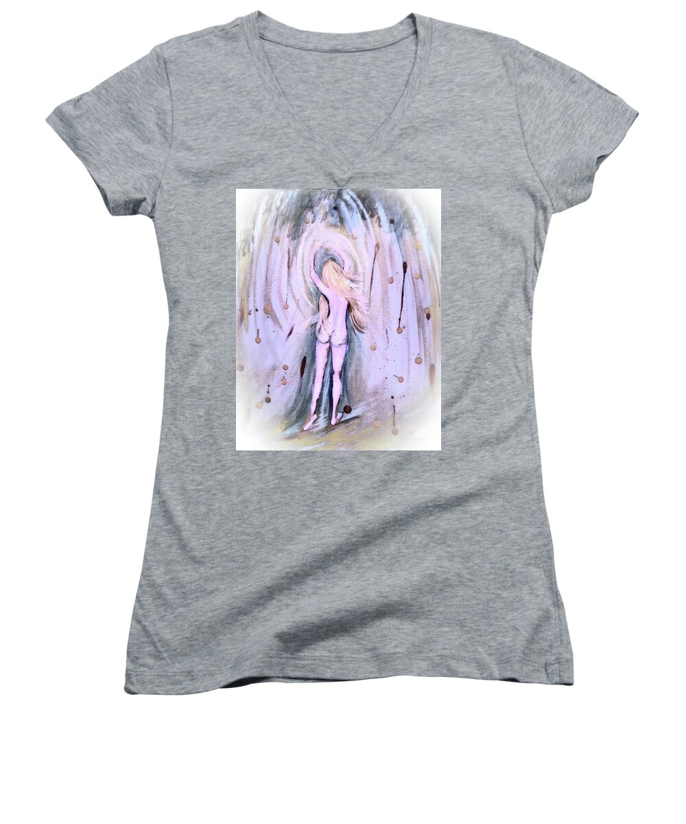 Abstract Form Women's V-Neck featuring the painting Free Girl by Virginia Bond