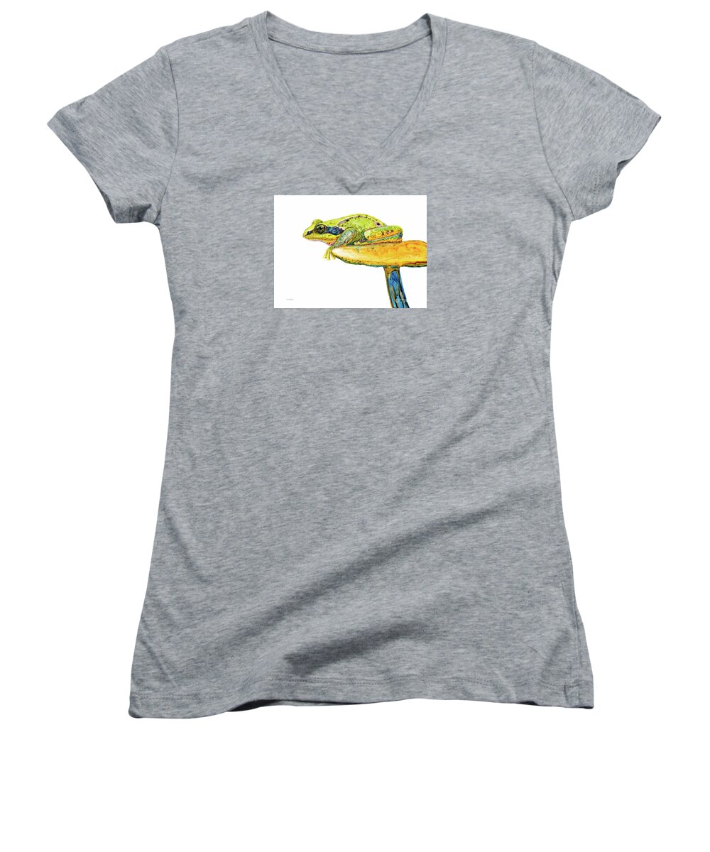 Frog Women's V-Neck featuring the painting Frog Sitting on a Toad-Stool by Jan Killian